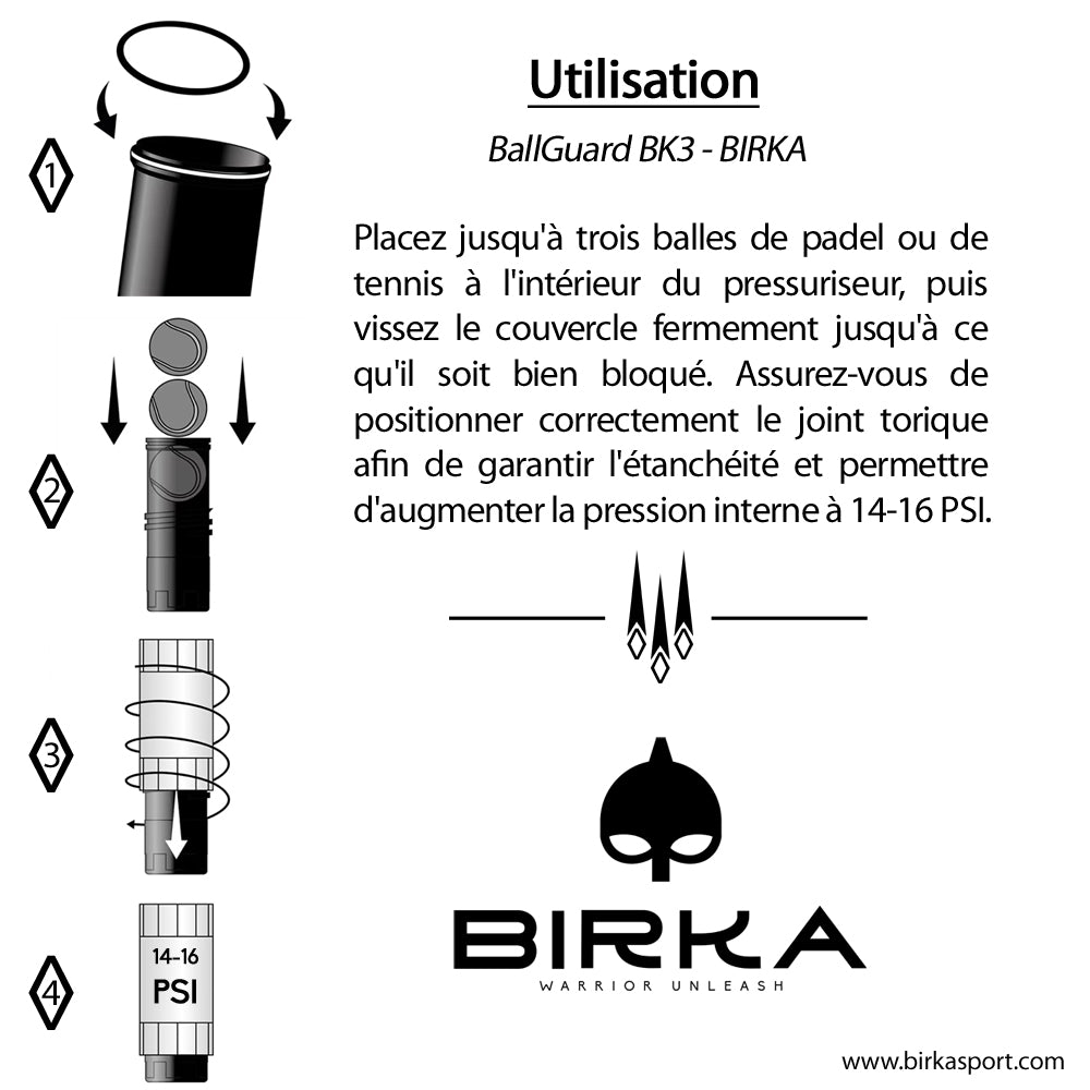 mode d'emploi pressurisateur de balles padel Birka